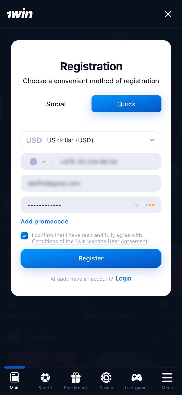 Fill in your details and create an account at 1win.