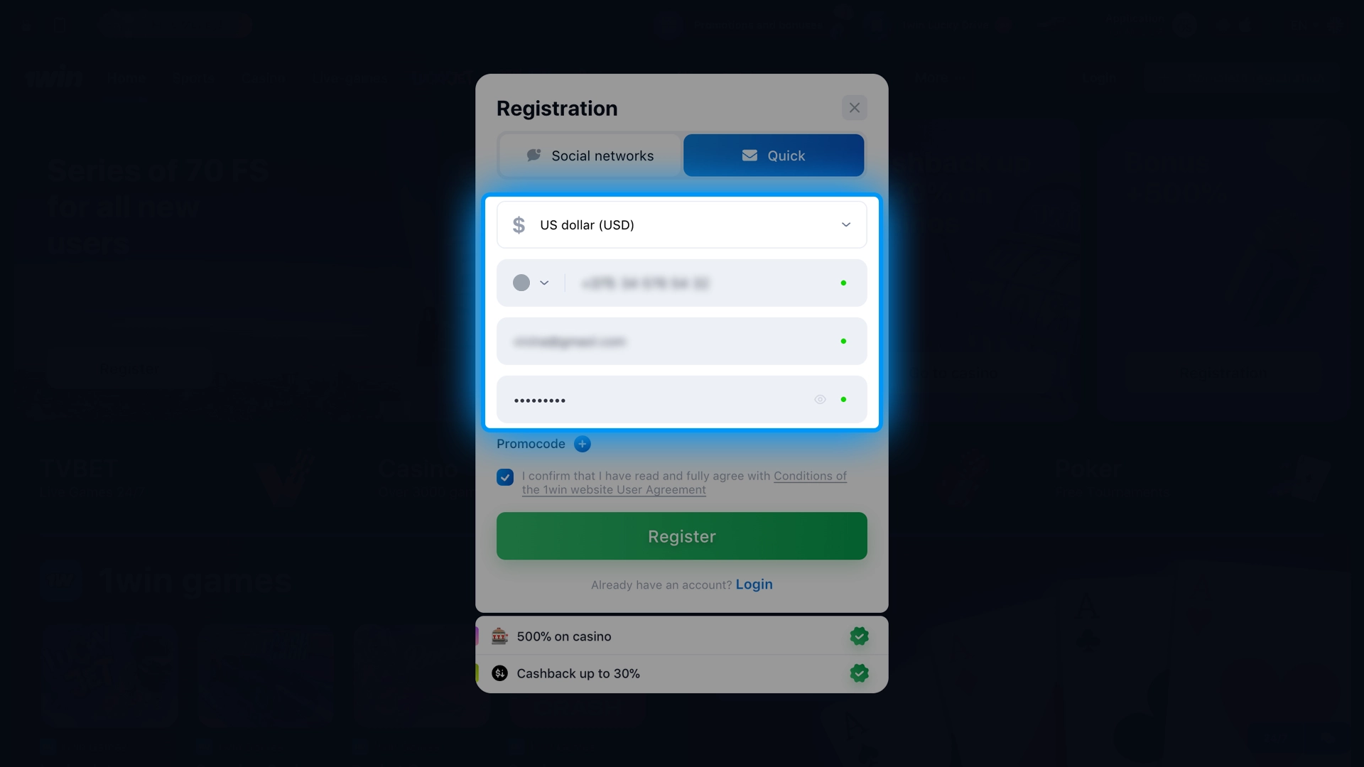 Discover how to complete the 1win form and choose your currency.