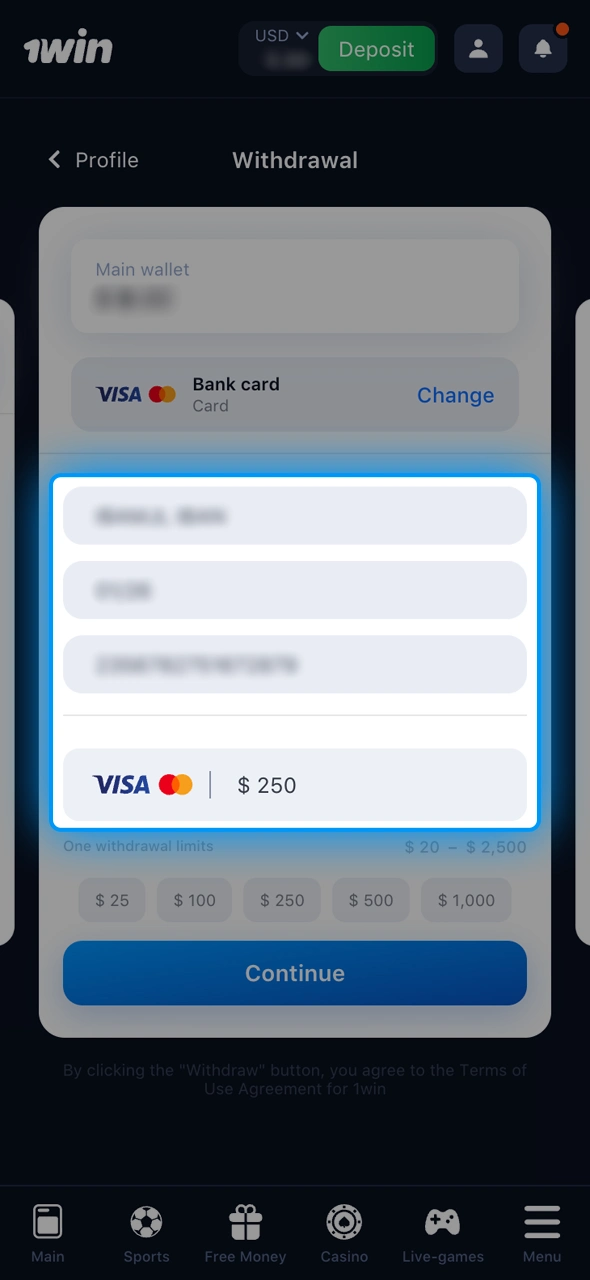 Double-check your payment info before withdrawing from 1win.