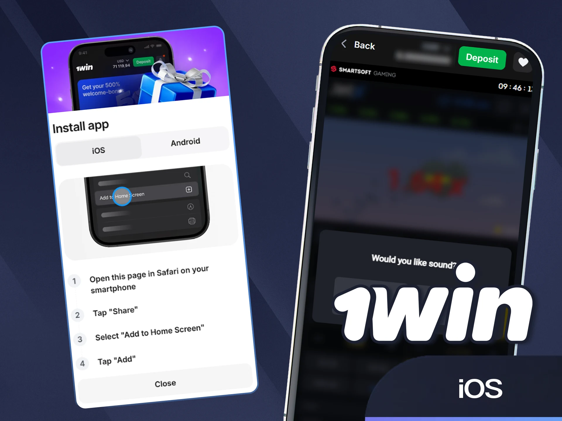 Install the iOS mobile version from the official 1win website now.