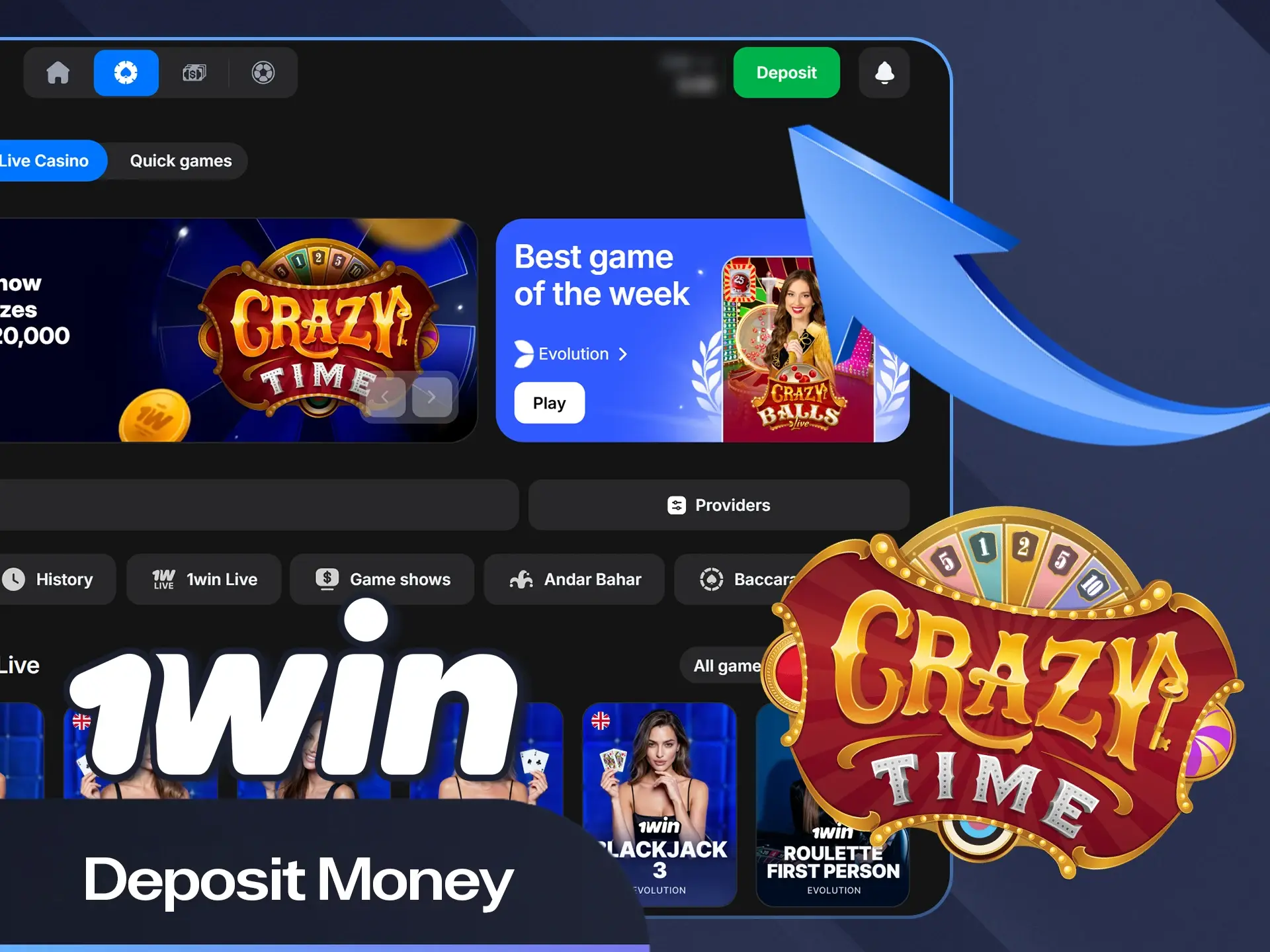 Add funds to your account via the 1win website.