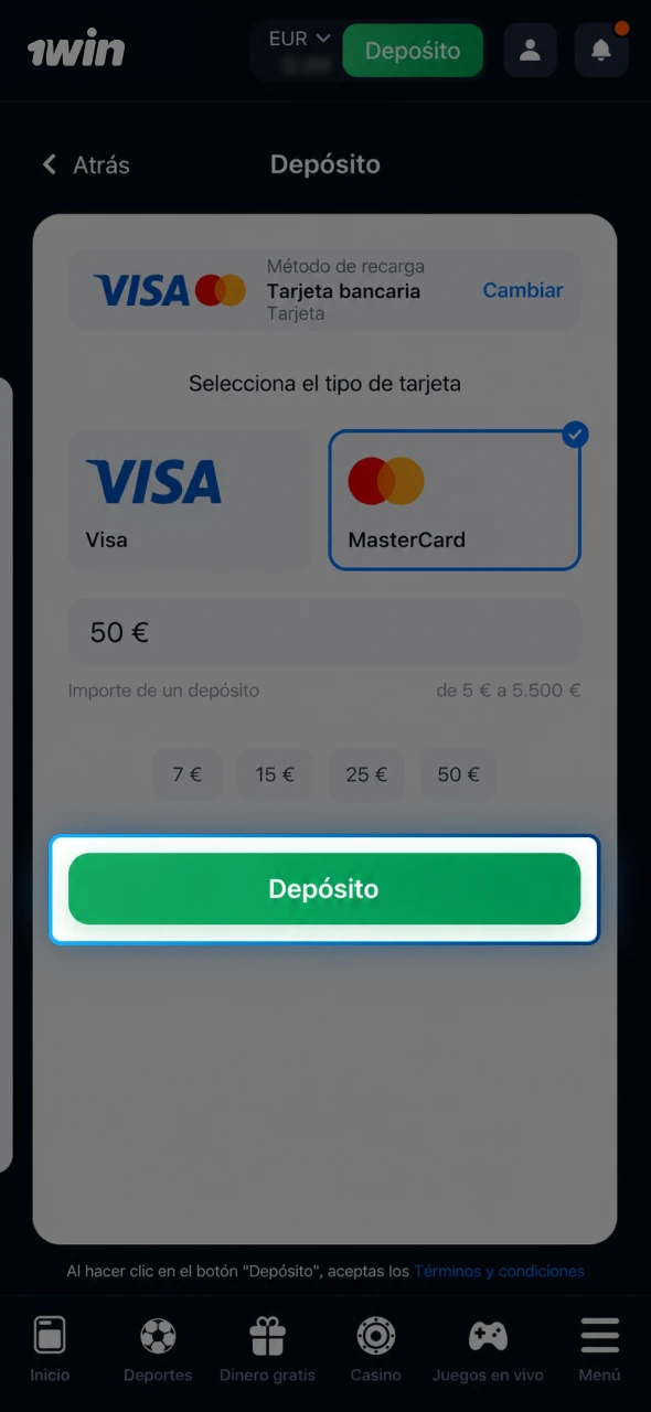 Verifica tu información y completa el depósito en 1win en segundos.