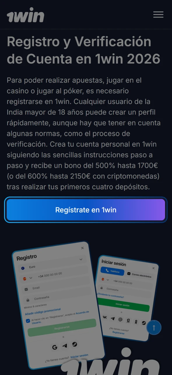 Busca el botón registrarse y comienza a crear tu cuenta de 1win.