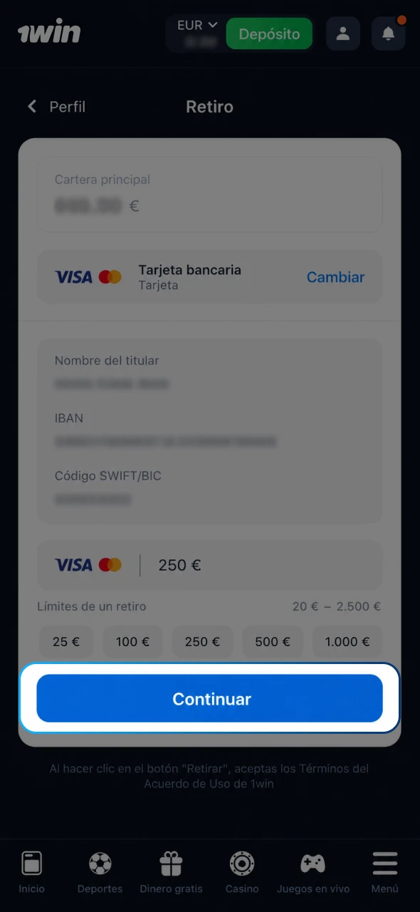 Envía tu solicitud de retiro en 1win y espera a recibir el pago.