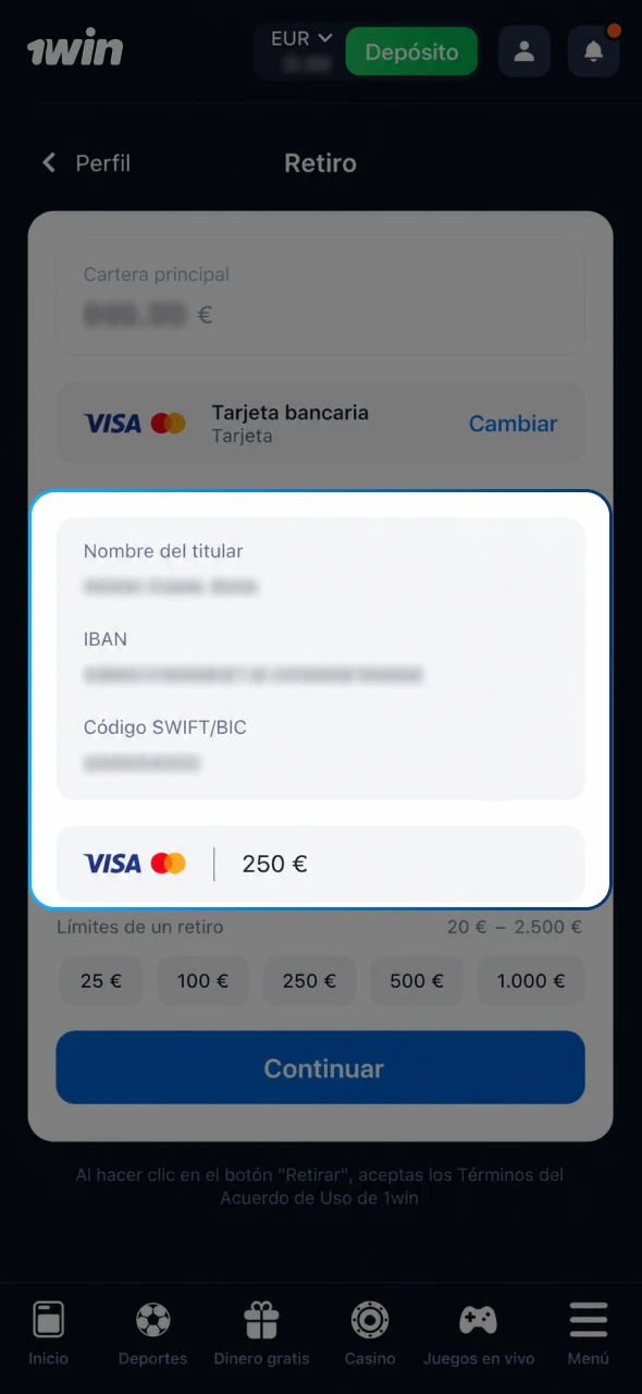 Revisa bien tus datos de pago antes de retirar fondos de 1win.